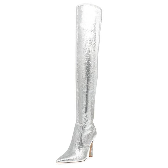 NEW Steve Madden Laddy Sequin Over-The-Knee Stiletto Boots in Silver Sz. 5.5 - Picture 1 of 6